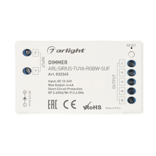 Диммер ARL-SIRIUS-TUYA-RGBW-SUF (12-24V, 4x4A, 2.4G) (ARL, IP20 Пластик, 3 года)