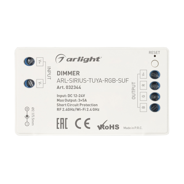 Диммер ARL-SIRIUS-TUYA-RGB-SUF (12-24V, 3x5A, 2.4G) (ARL, IP20 Пластик, 3 года)