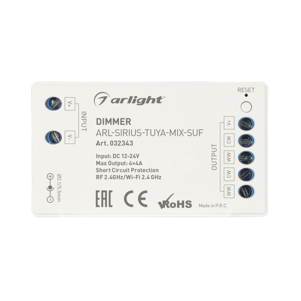 Диммер ARL-SIRIUS-TUYA-MIX-SUF (12-24V, 4x4A, 2.4G) (ARL, IP20 Пластик, 3 года)