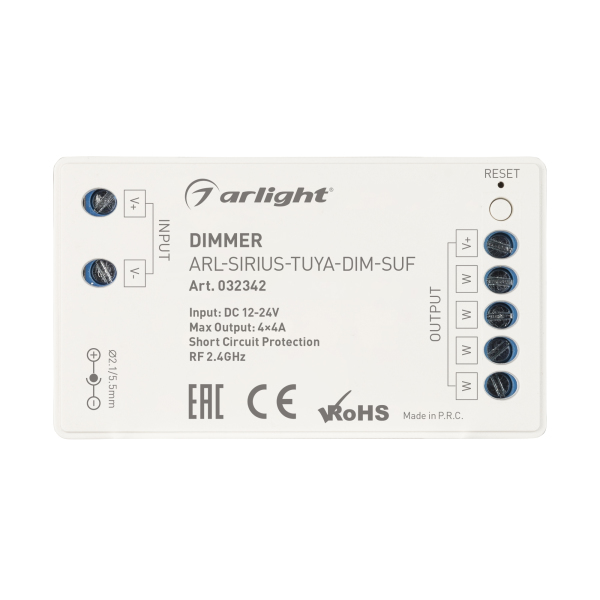 Диммер ARL-SIRIUS-TUYA-DIM-SUF (12-24V, 4x4A, 2.4G) (ARL, IP20 Пластик, 3 года)