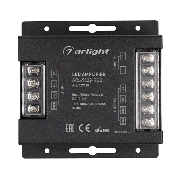Усилитель ARL-5022-RGB (12-24V, 3x10A, 360-720W) (ARL, IP20 Металл, 2 года)
