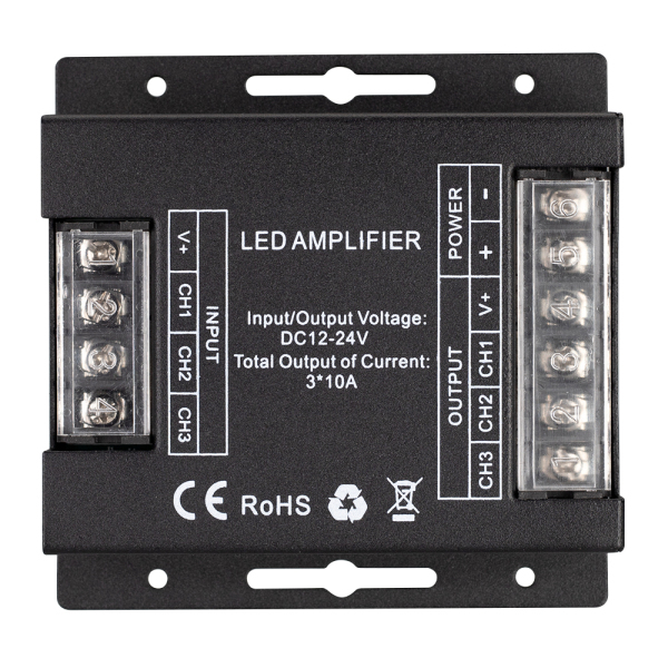 Усилитель ARL-5022-RGB (12-24V, 3x10A, 360-720W) (ARL, IP20 Металл, 2 года)