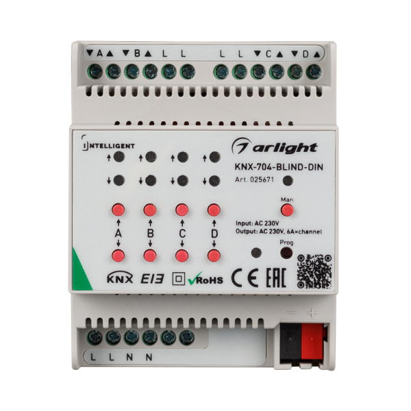 INTELLIGENT ARLIGHT Контроллер штор KNX-704-BLIND-DIN (230V, 4x6A) (IARL, Пластик)