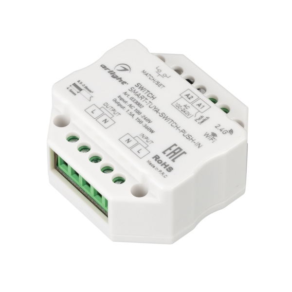 Контроллер-выключатель SMART-TUYA-SWITCH-PUSH-IN (230V, 1.5A, WiFi, 2.4G) (ARL, IP20 Пластик, 5 лет)