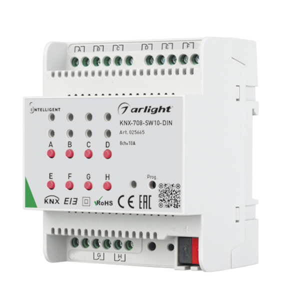 INTELLIGENT ARLIGHT Релейный модуль KNX-708-SW10-DIN (BUS, 8x10A) (ARL, -)