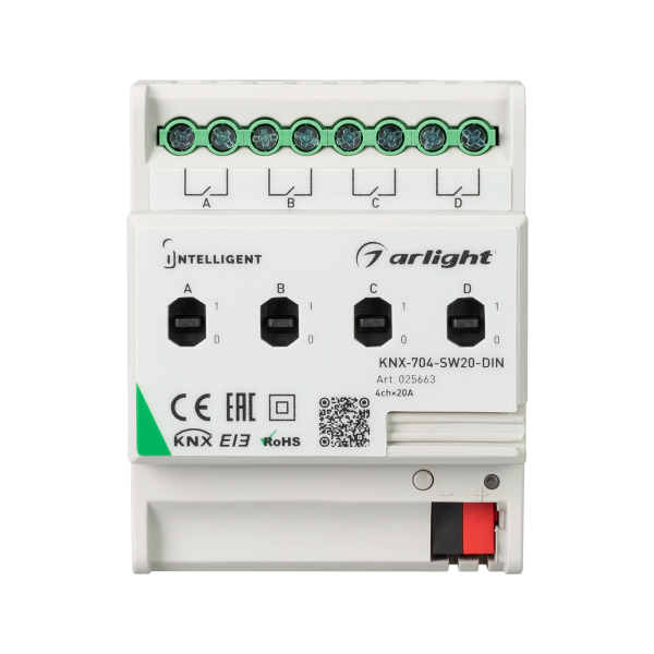INTELLIGENT ARLIGHT Релейный модуль KNX-704-SW20-DIN (BUS, 4x20A) (ARL, -)