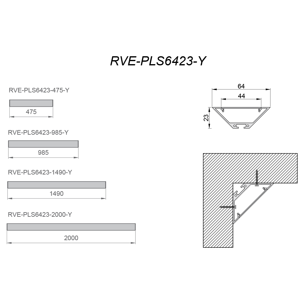 Светильник RVE-PLS6423-475-P 475x64х23мм 12Вт 1092Лм 3000K универсальный