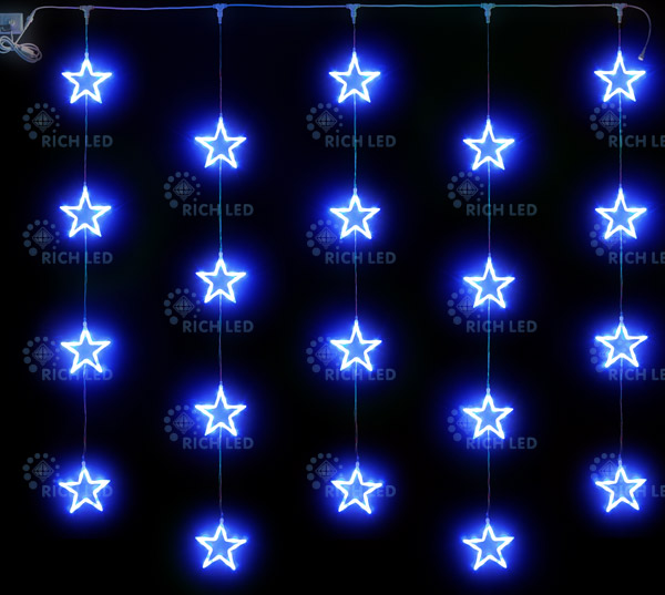 Светодиодный узорный занавес Rich LED Звезды 2х2 м, синий на прозрачном проводе, RL-CMST2*2-T/B