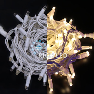 Светодиодная гирлянда Rich LED Нить 10 м, 24В, постоянного свечения, цветная резина, соединяемая, белый резиновый провод, теплая белая, RL-S10C-24V-RW/WW