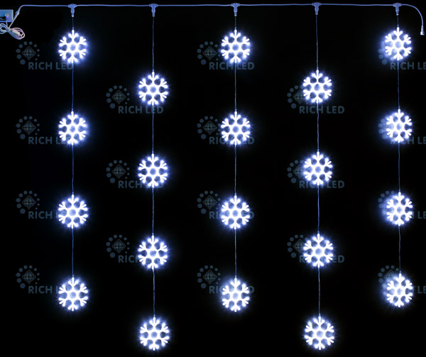 Светодиодный узорный занавес Rich LED Снежинки 2х2 м, белый на прозрачном проводе, RL-CMSF2*2-T/W