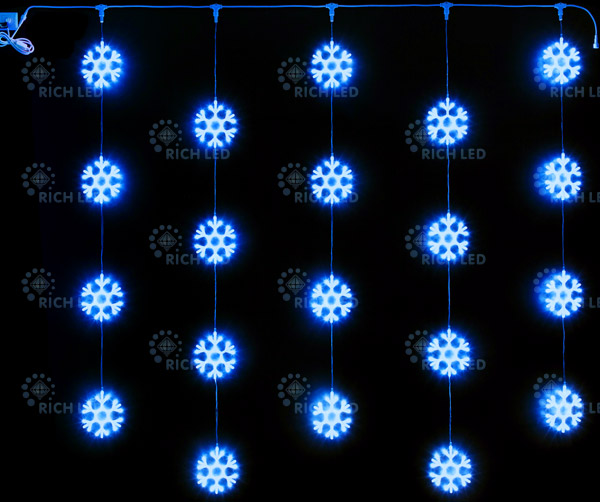 Светодиодный узорный занавес Rich LED Снежинки 2х2 м, синий на прозрачном провооде, RL-CMSF2*2-T/B