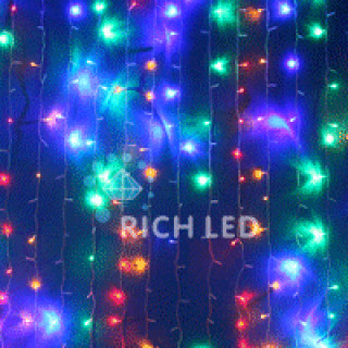 Светодиодный занавес Rich LED ПОЛНЫЙ ФЛЭШ 2*1.5, облегченный, прозрачный провод, мульти, RL-CS2*1.5FF-T/M