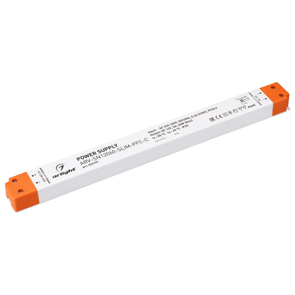 Блок питания ARV-SN12060-SLIM-PFC-C (12V, 5A, 60W) (ARL, IP20 Пластик, 3 года)